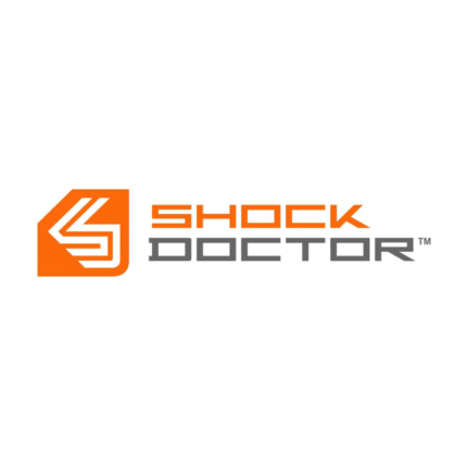 "Shock Doctor" logo: Een hoekig oranje en wit embleem dat stabiliteit en bescherming vertegenwoordigt, waarschijnlijk een merk dat sportveiligheidsuitrusting aanbiedt die impact absorbeert.