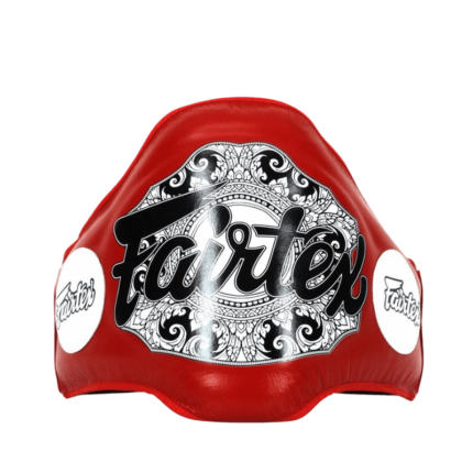 Belly Pad voor vechtsport met zwart-wit Fairtex patroon en rood leer.
