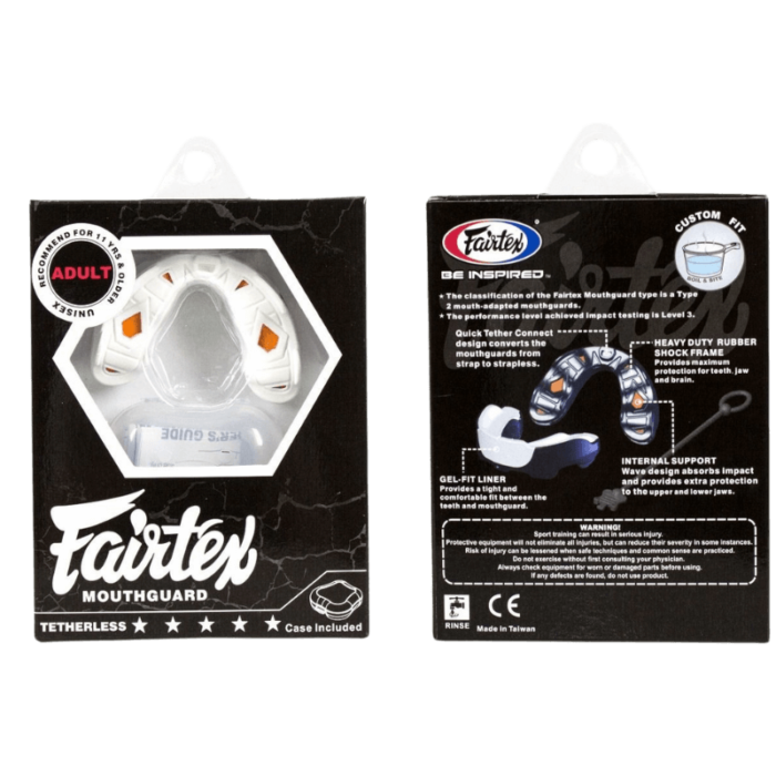 Fairtex gebitsbeschermer verpakking met productdetails en zichtbare gebitsbeschermer.