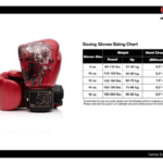 Rode Fairtex bokshandschoenen naast een maattabel met specificaties voor verschillende gewichtsklassen en handomtrek.