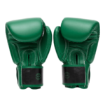 Groene bokshandschoenen met een gouden Maya-masker ontwerp op de bovenkant en een groene klittenbandsluiting met het Fairtex logo.
