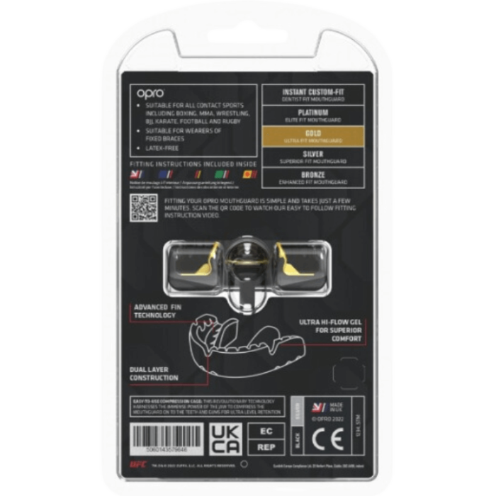 Achterkant van de Opro mondbeschermer verpakking met instructies, technologiebeschrijving, en QR-code voor het pasproces.