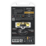 Achterzijde van een Opro mondbeschermerverpakking met beschrijving van pasvormtechnologie en QR-code voor instructievideo.
