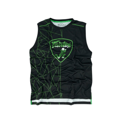 Zwarte Fairtex basketbaljersey met groene lijnen en wit Fairtex-hartlogo op de voorkant.