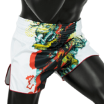Witte Fairtex Muay Thai-kickboksshort met een dynamisch, kleurrijk draakontwerp aan de zijkanten