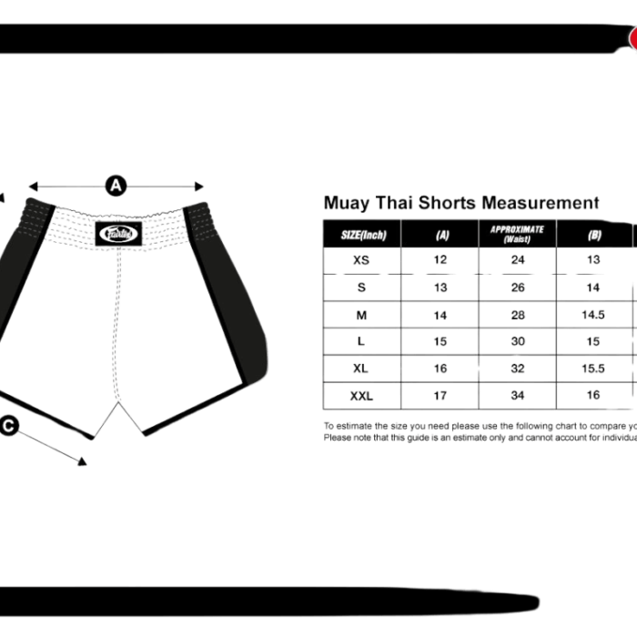 Fairtex maattabel voor Muay Thai shorts met taille- en lengtematen in inches.