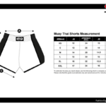 Fairtex maattabel voor Muay Thai shorts met taille- en lengtematen in inches.