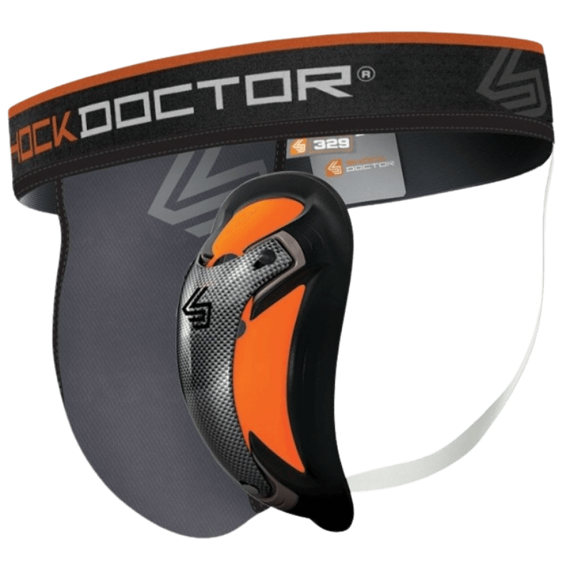 Liesbeschermer van Shock Doctor met een oranje en zwarte kleurstelling, een prominent logo op de elastische tailleband.