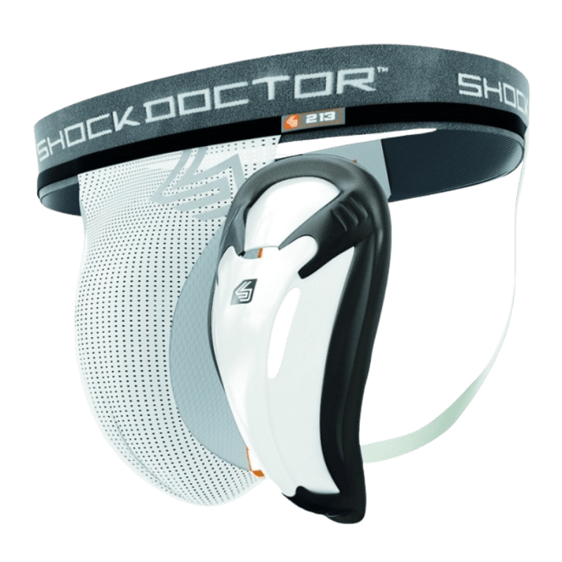 Shock Doctor liesbeschermer met een witte en grijze kleurstelling en een zwart Shock Doctor-logo op de elastische band.