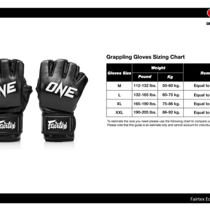 Maattabel voor Fairtex grappling gloves met afmetingen en gewichtsaanduidingen voor verschillende groottes.