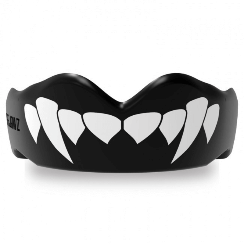 Zwart-witte gebitsbeschermer met haaietanden design op een witte achtergrond.