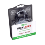 Verpakking van 'SAFE-JAWZ' gebitsbeschermer uit de Ortho-serie, met aanduidingen voor beugeldragers en de tekst 'ONE SIZE FITS ALL'.