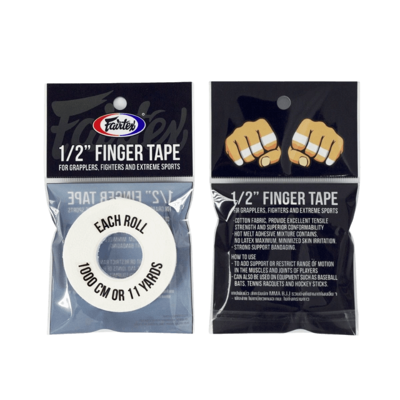 Verpakking van Fairtex vinger tape, met een afbeelding van getapete vingers.